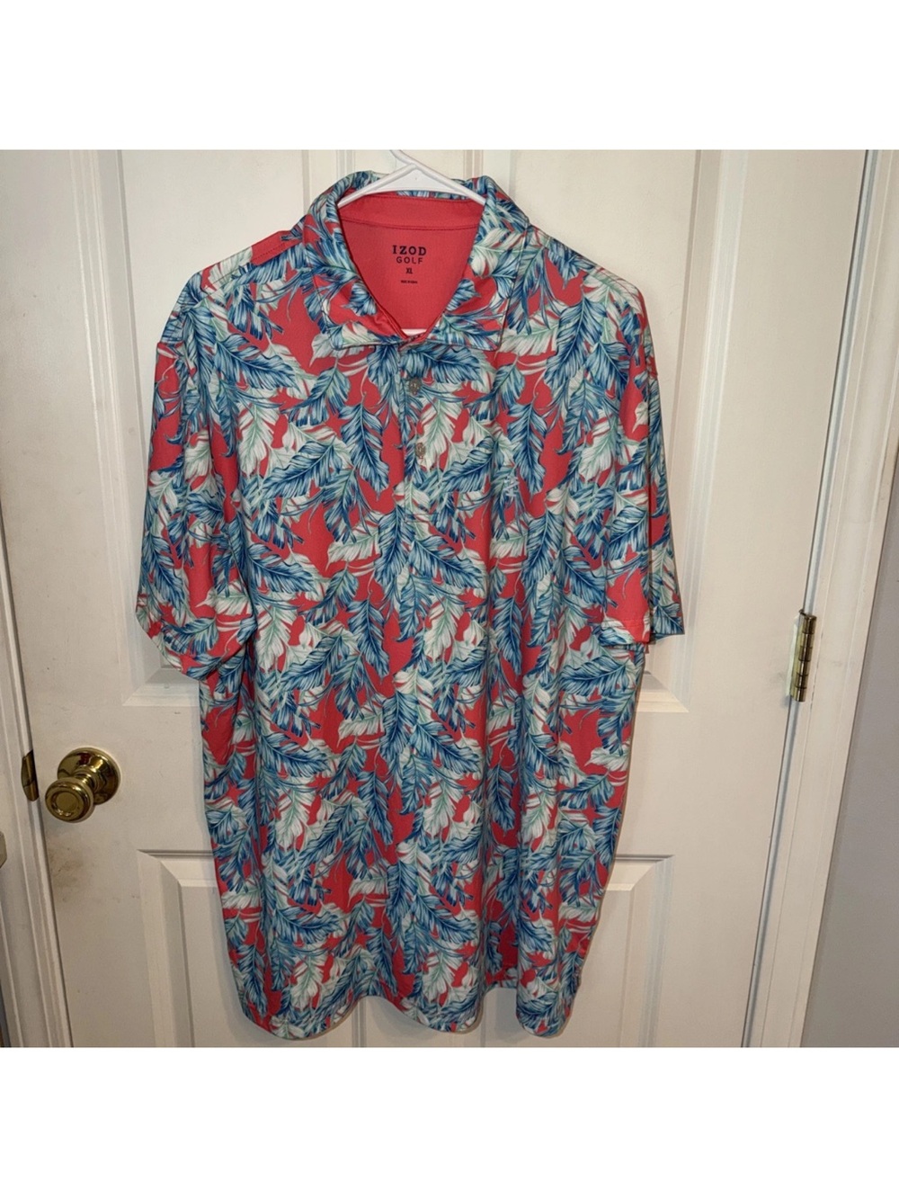 IZOD Golf Polo XL Mens Coral Pink Tropical Leaf Performance